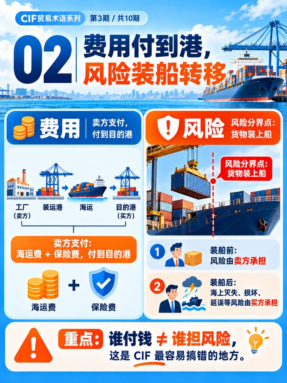 CIF费用付到港，风险装船转移：10张图看懂CIF：费用与风险分界