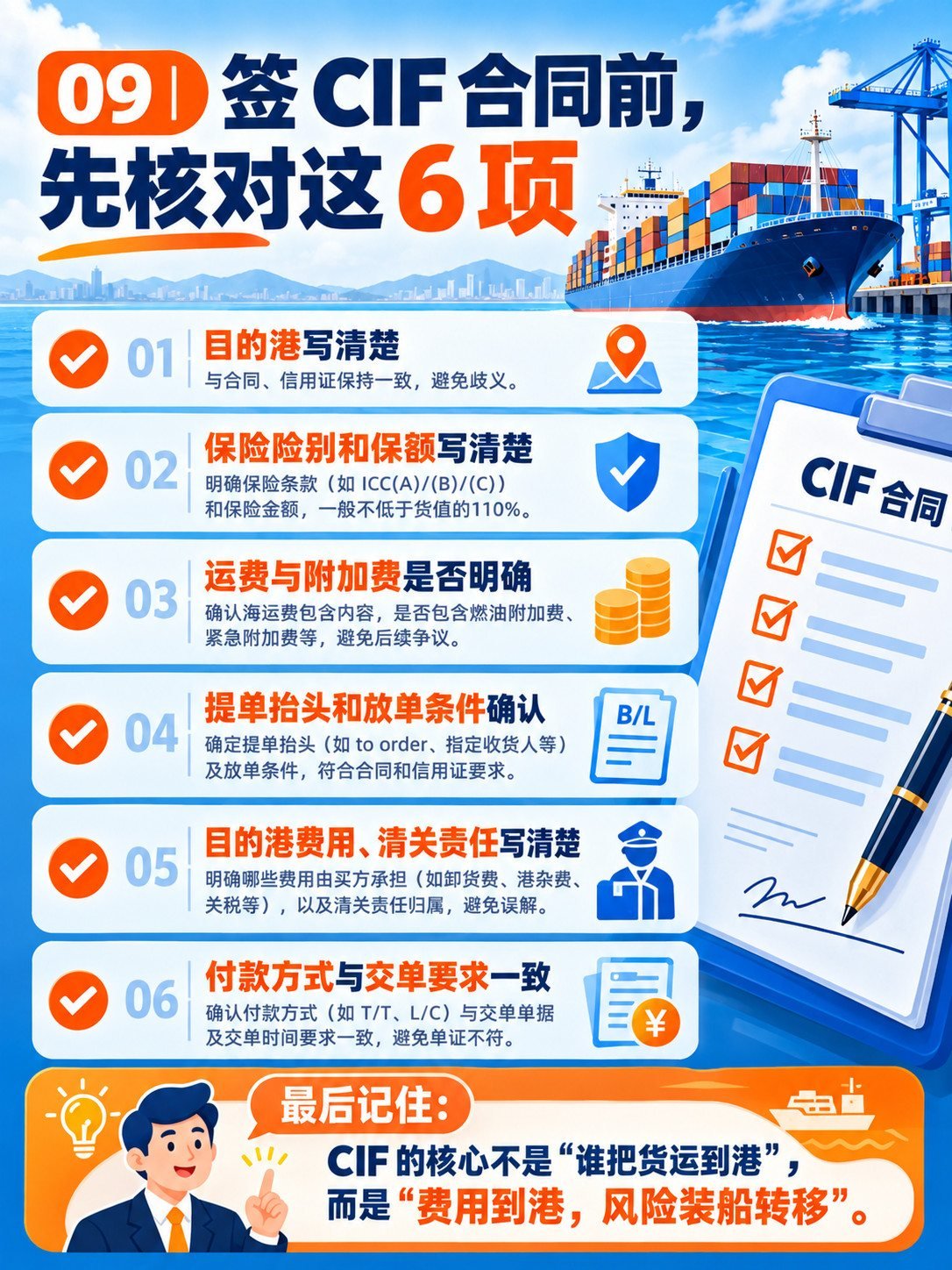 CIF费用付到港，风险装船转移：10张图看懂CIF：签CIF合同前核对六项