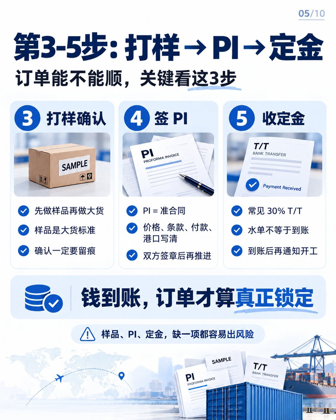 从询盘到退税：10张图看懂外贸全流程与单证：打样：PI：定金