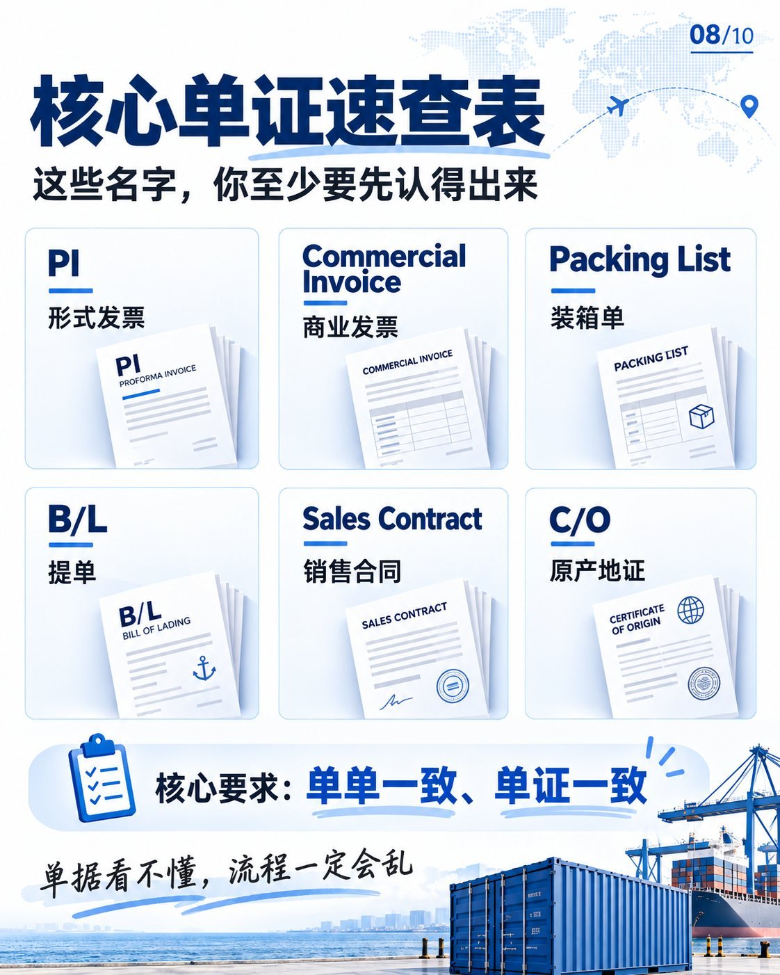 从询盘到退税：10张图看懂外贸全流程与单证：核心单证速查