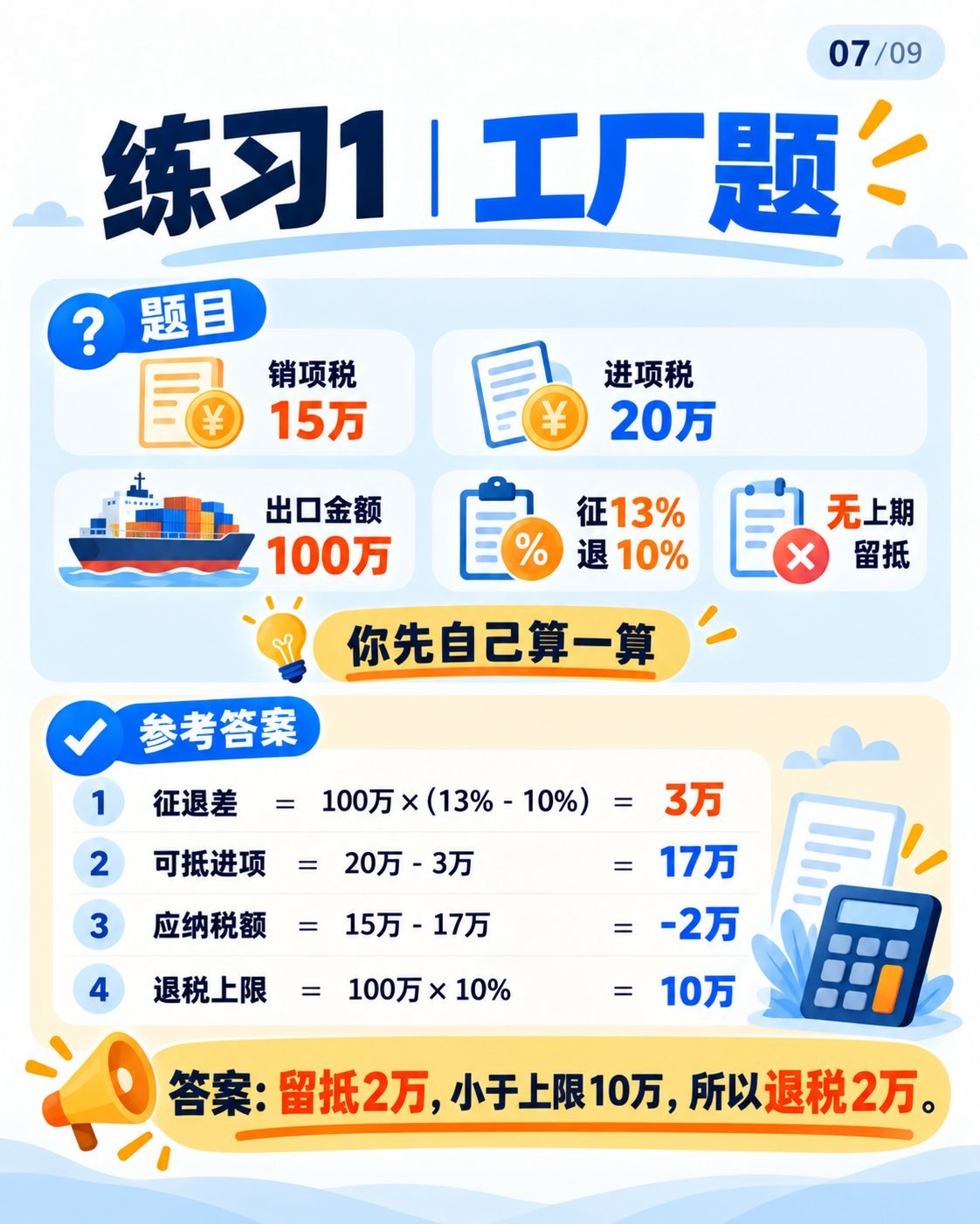 出口退税入门第二期：9张图拆解计算案例：练习1：工厂计算题