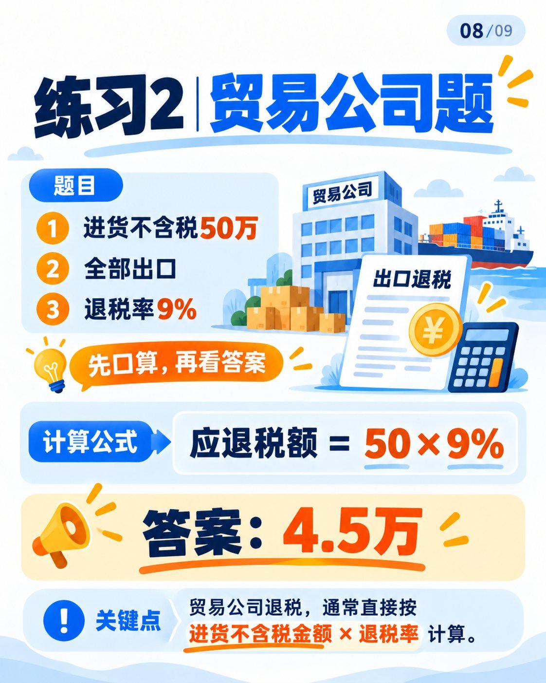 出口退税入门第二期：9张图拆解计算案例：练习2：外贸企业计算题