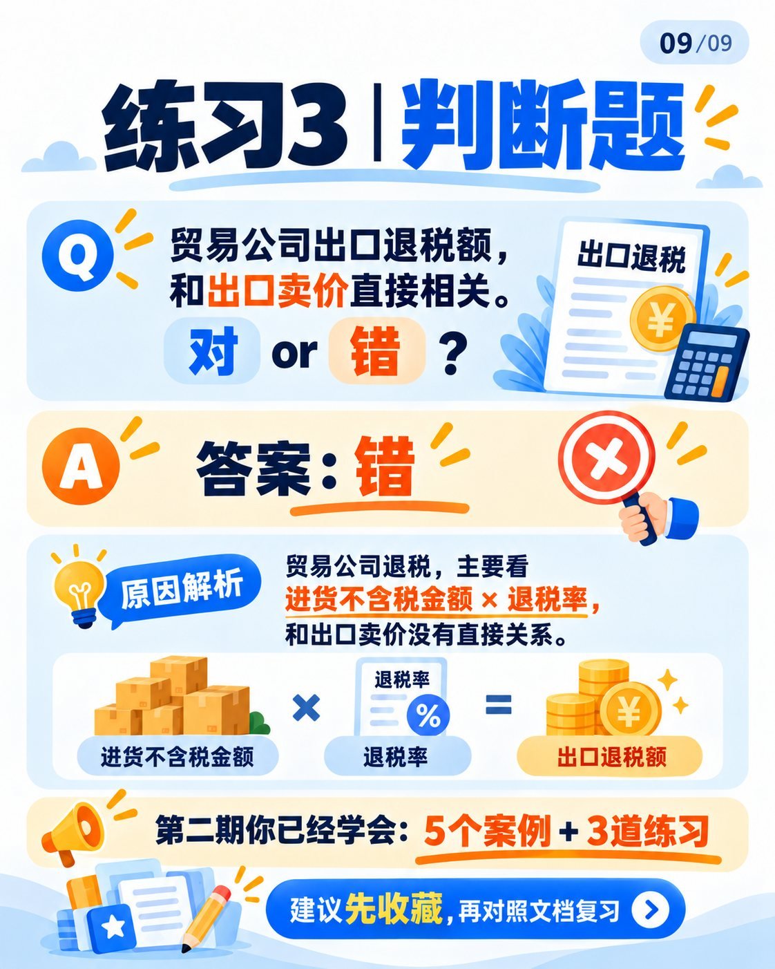 出口退税入门第二期：9张图拆解计算案例：练习3：判断题和小结