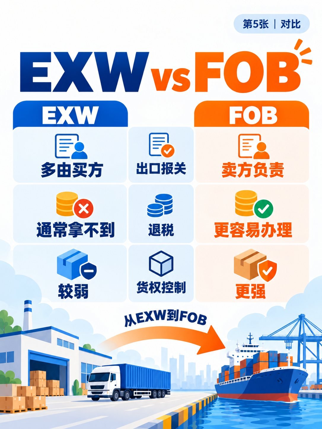 EXW工厂交货怎么做？9张图看懂责任、退税与流程：EXW与FOB对比