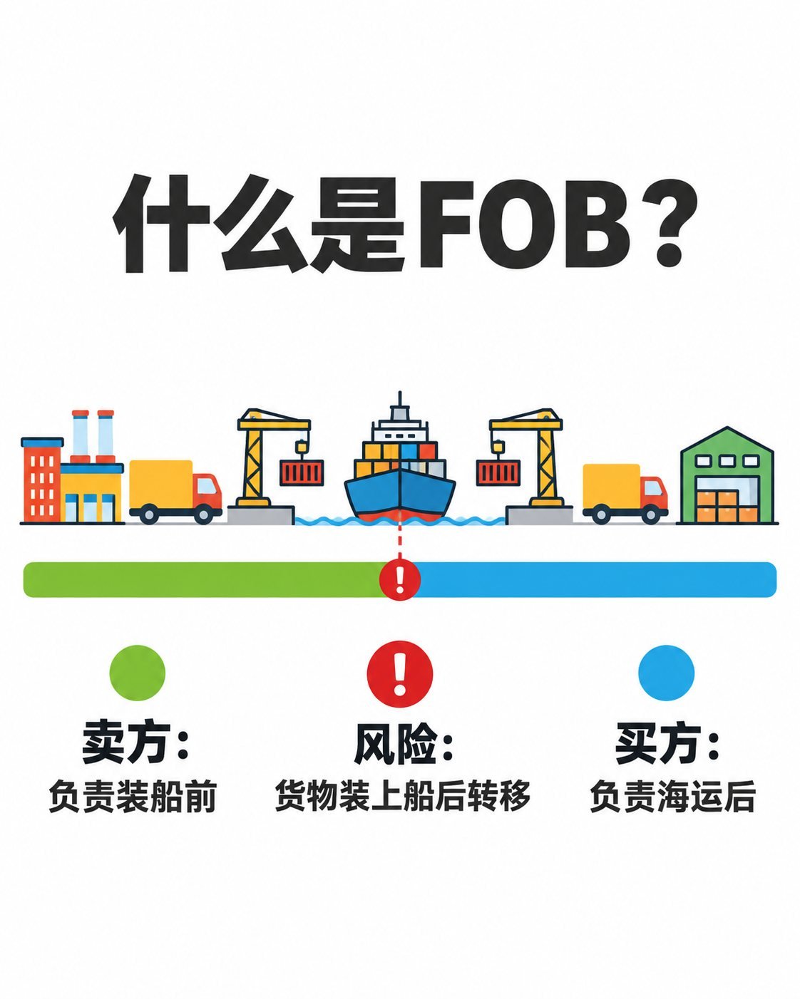 FOB从报价到放货：9张图看懂交易流程与风险：fob装运责任信息图