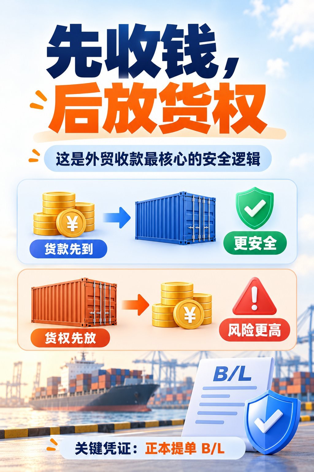 外贸付款怎么选？10张图看懂6种付款方式风险：核心逻辑：先收钱后放货权