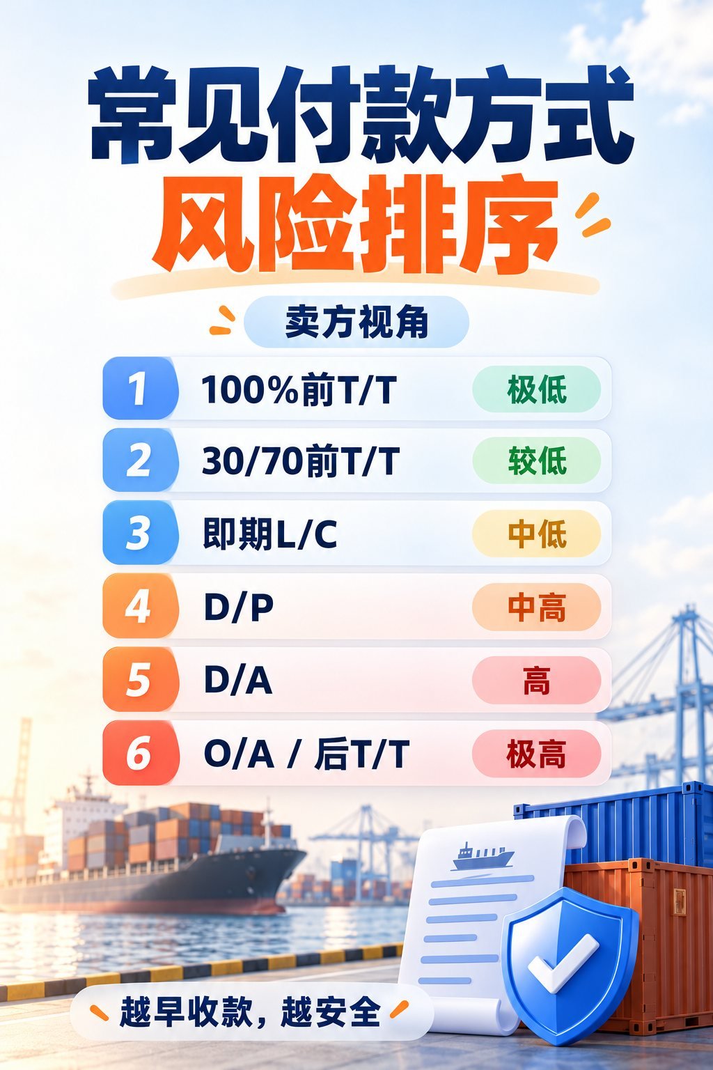 外贸付款怎么选？10张图看懂6种付款方式风险：风险对比：六种常见方式