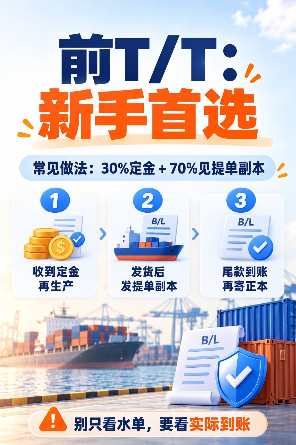 外贸付款怎么选？10张图看懂6种付款方式风险：前TT：定金与尾款
