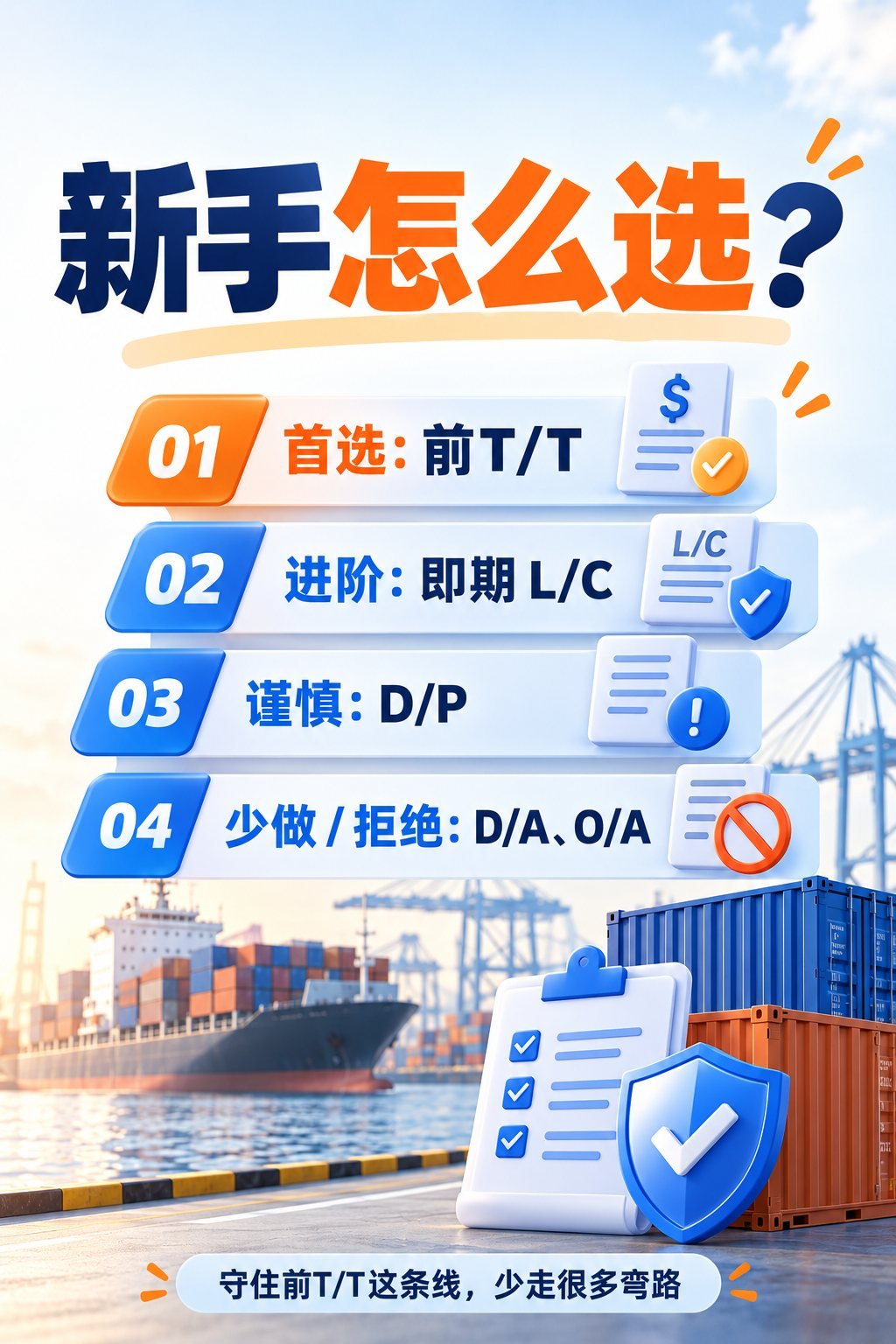 外贸付款怎么选？10张图看懂6种付款方式风险：新手付款方式建议